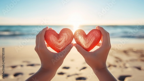 Hand holding a shape heart from the lover with sunlight background at the sea. Love on Valentine 's day or wedding. It expresses your love and care for your someone special to you. Generative Ai photo