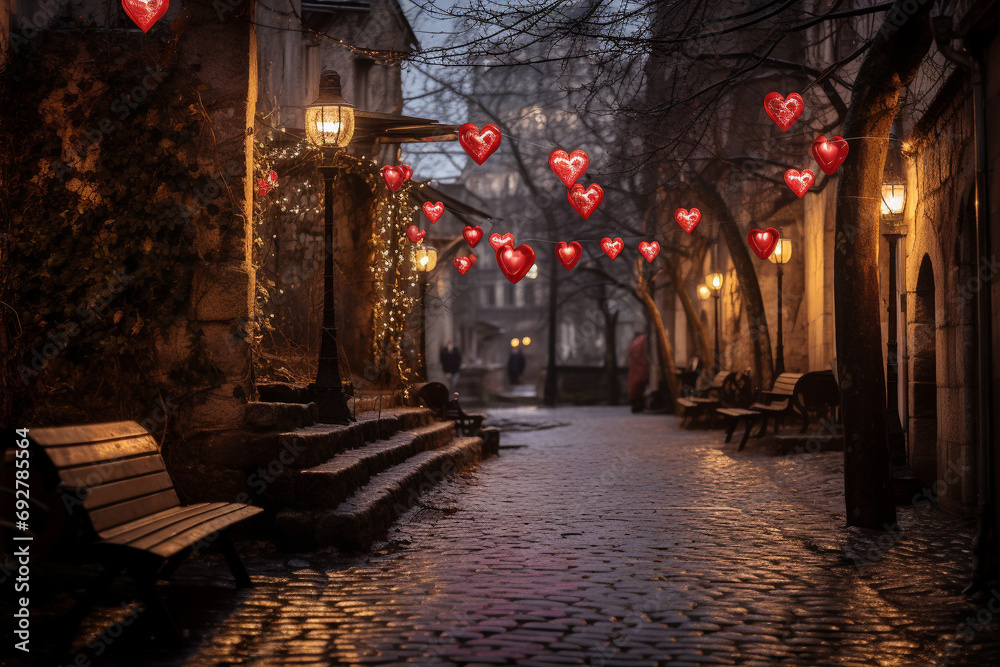 Romantic Cobblestone Street With Heart-Shaped Lanterns