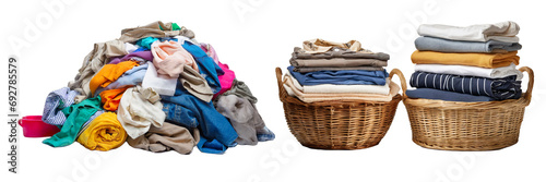 pile of clean laundry and rattan basket isolated on transparent or white background