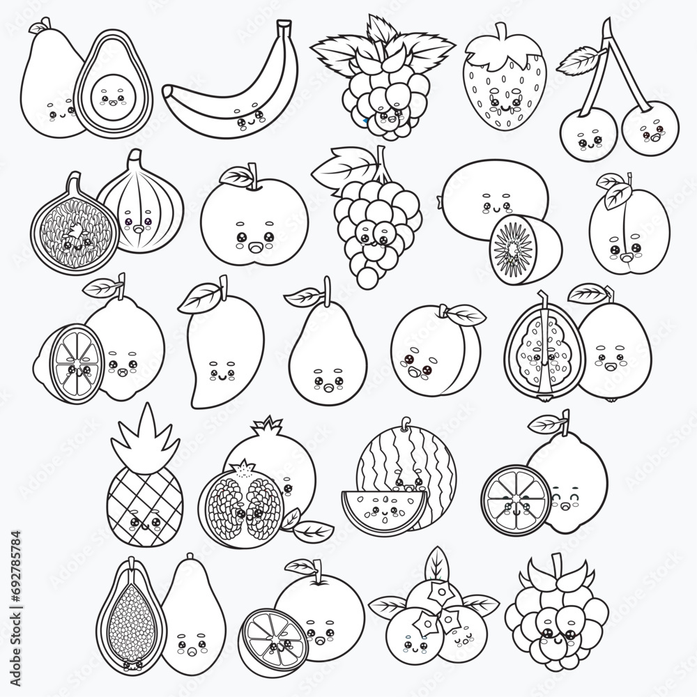 A collection of cute fruit characters in black and white. A collection of cute fruit characters in black and white.