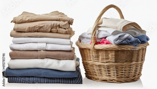 pile of clean laundry and rattan basket isolated on transparent or white background