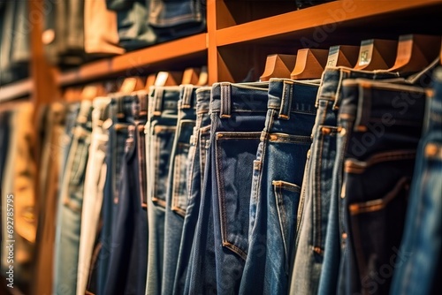 store clothing boutique shelf pants jeans Denim jean pant fashion style retail shopping apparel photo
