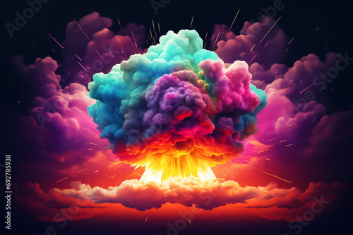 Magic explosion, game bomb boom effect with colorful clouds. Isolated smoke cumulus elements of gas explosion photo