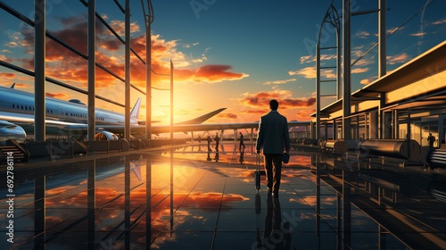a person silhouetted against a stunning sunset, walking in a modern airport terminal.