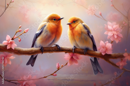 Lovebirds Serenading on Branch