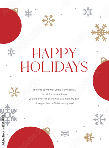This is a Christmas concept card design template illustration with snow, snowflakes, and ball decoration patterns. The typographic reads 'Happy Holidays'.
