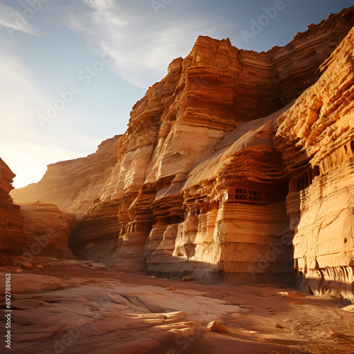 Spectacular Canyon with Layered Rock Formations, Generative AI., The vermilion and coral hues of the canyon walls, Luminous Drama of the Gorge: A Visual Tale of a Narrow Canyon, where Sun-Kissed Hei

 photo
