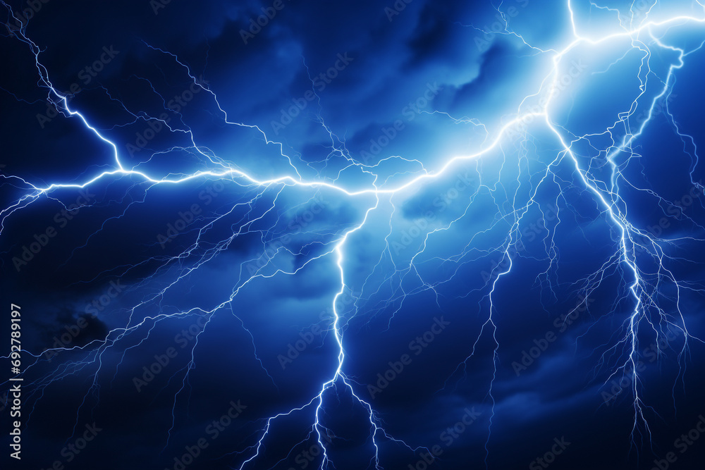 Electric flash of lightning on a blue background - obrazy, fototapety, plakaty 