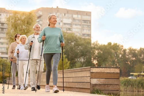 Fotografie Group of senior people performing Nordic walking outdoors, space for text