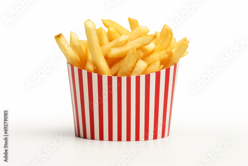 french fries and sauce in a paper cup on a white background
