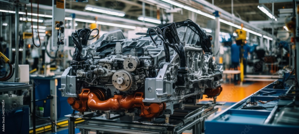 Car engine production at factory. Generative AI technology.
Car engine production at factory. Generative AI technology.