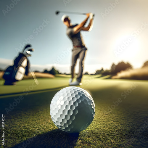A dynamic close-up shot of a golf ball flying straight towards the camera, with a golfer in the background