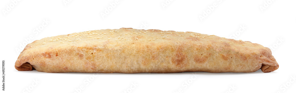 Delicious strudel with tasty filling isolated on white