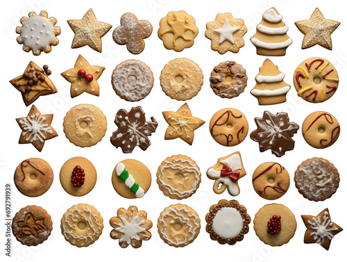 A charming array of Christmas cookies on a transparent background, featuring snowflakes, stars, and smiley faces with various icing and sprinkle embellishments.