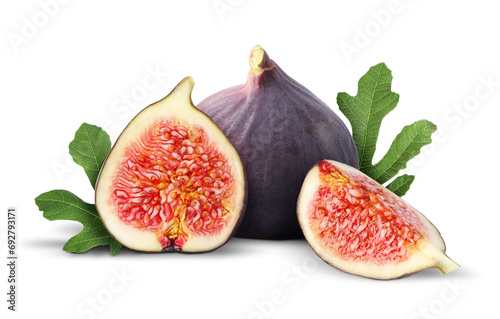 Fresh ripe figs and green leaves isolated on white