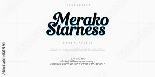 Merako Starness Abstract Fashion font alphabet. Minimal modern urban fonts for logo  brand etc. Typography typeface uppercase lowercase and number. vector illustration