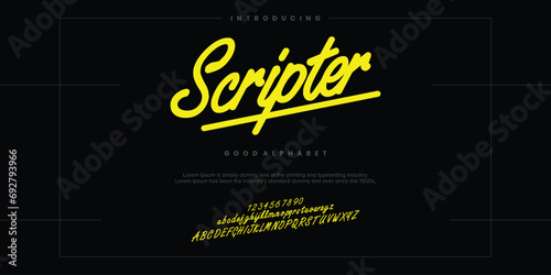 Scripter abstract Fashion font alphabet. Minimal modern urban fonts for logo, brand etc. Typography typeface uppercase lowercase and number. vector illustration photo