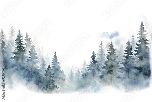 Watercolor misty pine forest with a transparent background photo