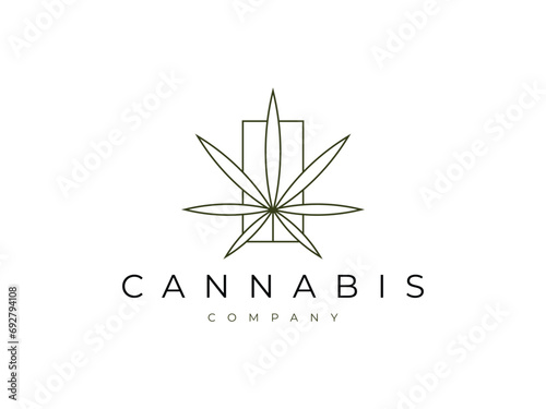 cannabis leaf green line with square logo design
