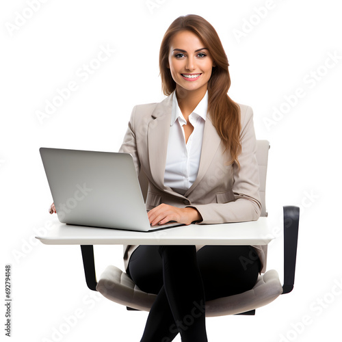 Business woman sitting on a chair with laptop isolated on transparent background Generative AI	