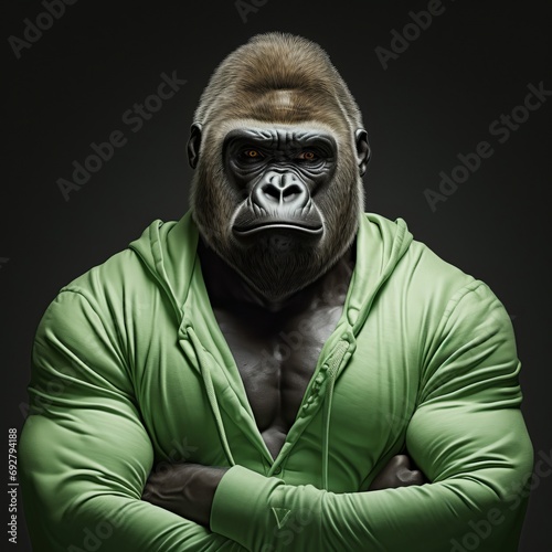A Gorilla in a Green Shirt with Crossed Arms