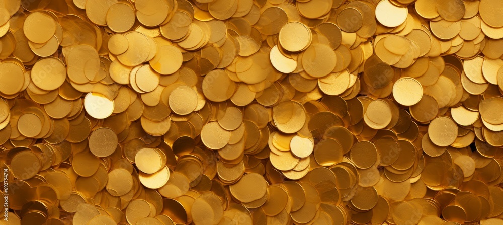 Gold coins texture background. Generative AI technology. - obrazy, fototapety, plakaty 