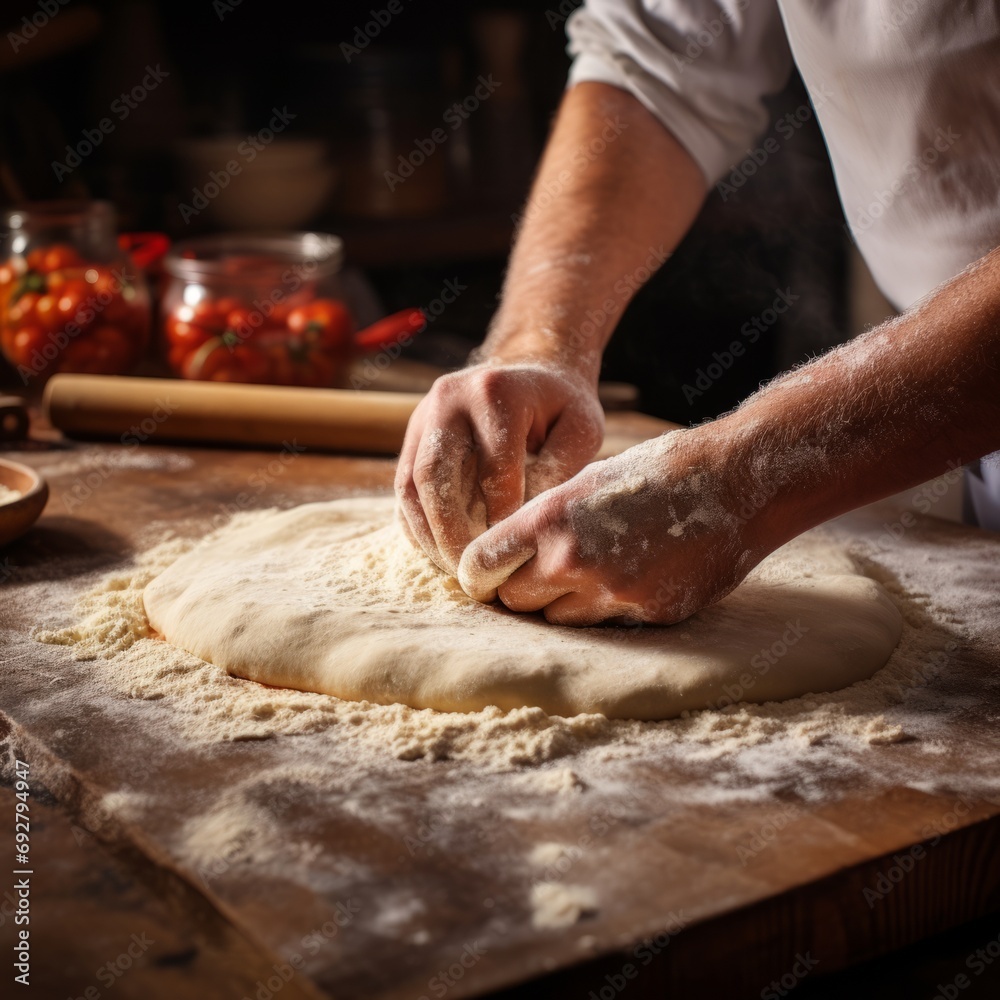 Hands knead pizza dough, close-up picture