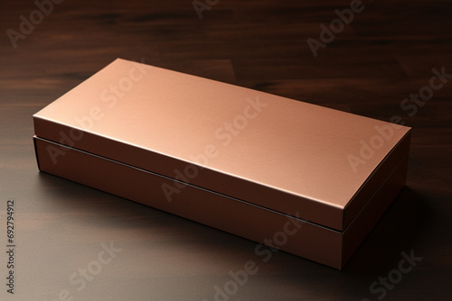 Side view of two cardboard packaging boxes one with its lid open and the other with its lid closed on a solid copper background with blank label space for customization
