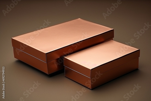 Side view of two cardboard packaging boxes one with its lid open and the other with its lid closed on a solid copper background with blank label space for customization