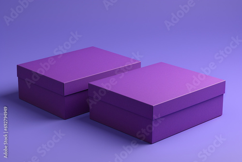 Side view of two cardboard packaging boxes one open and one closed on a solid purple background featuring space for customization with empty blank labels