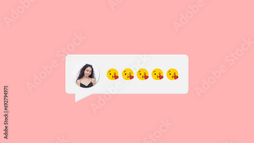 A flirty lady or love interest sends kiss emojis on social media or on a dating app messenger. Chat box concept graphic.