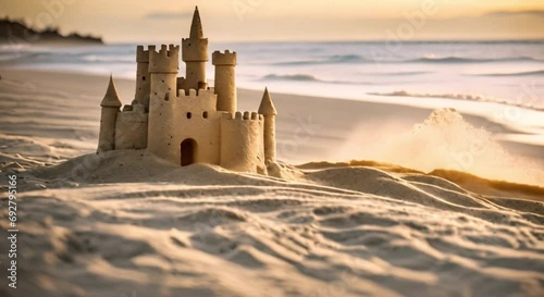 sand castle on the beach with waves photo