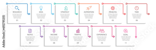 business infographic template. thin line design with icons, text, number and 11 options or steps. used for process diagrams, workflow layouts, flowcharts, infographics, and your presentations