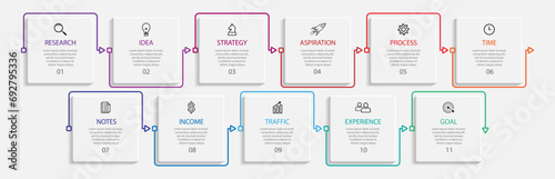 business infographic template. thin line design
with icons, text, number and 11 options or steps.
used for process diagrams, workflow layouts, flowcharts, infographics,  and your presentations