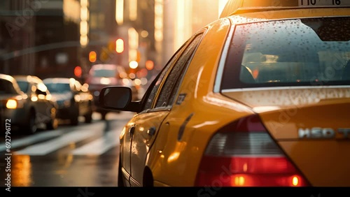 Closeup of a taxi cab driving through a busy intersection, with a streak of red taillights and a hazy view beyond the windshield. photo