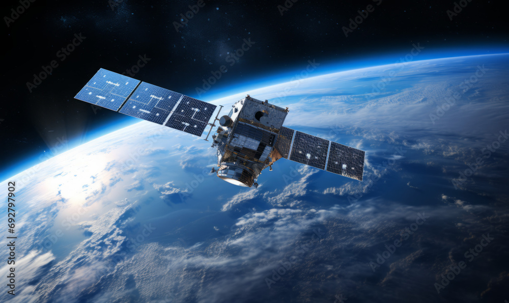 a Satellite in orbit . Blue planet in the background a Satellite in orbit . Blue planet in the background