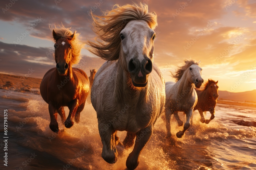 horses running on beach through sea water at sunset. generative AI