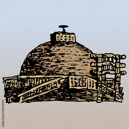 The little Stupa No. 3 at Sanchi, Madhya Pradesh. Ancient Buddhist monument in India. Hand drawn colorful sketch.