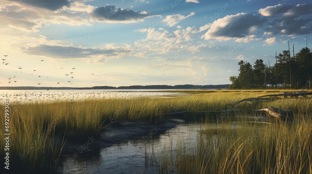 brackish estuarine marsh landscape illustration ecosystem biodiversity, conservation restoration, tidal flats brackish estuarine marsh landscape