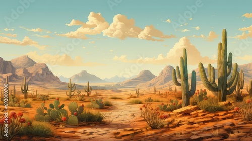 Print op canvas drought semi arid desert illustration cactus camel, mirage dune, barren sun drou