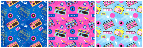 Set of Radio Seamless Pattern Illustration Design with Player for Record and Listening to Music in Flat Cartoon Template