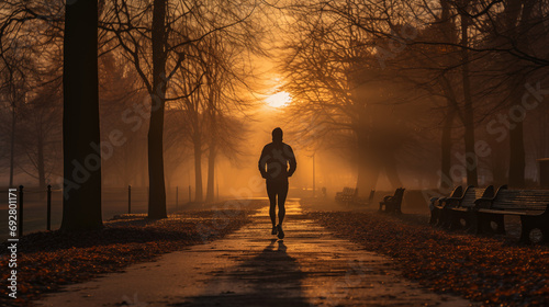 Solitary Morning Run: A Jogger's Silhouette Against the Sunrise in a Mist-Enshrouded Park