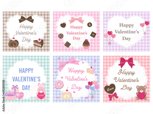  バレンタインのかわいいフレームのベクターイラストセット。リボン、ギンガム、ハート、お菓子、レース