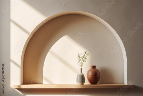Minimalistic shelf design in an arch niche with various decorative items. photo