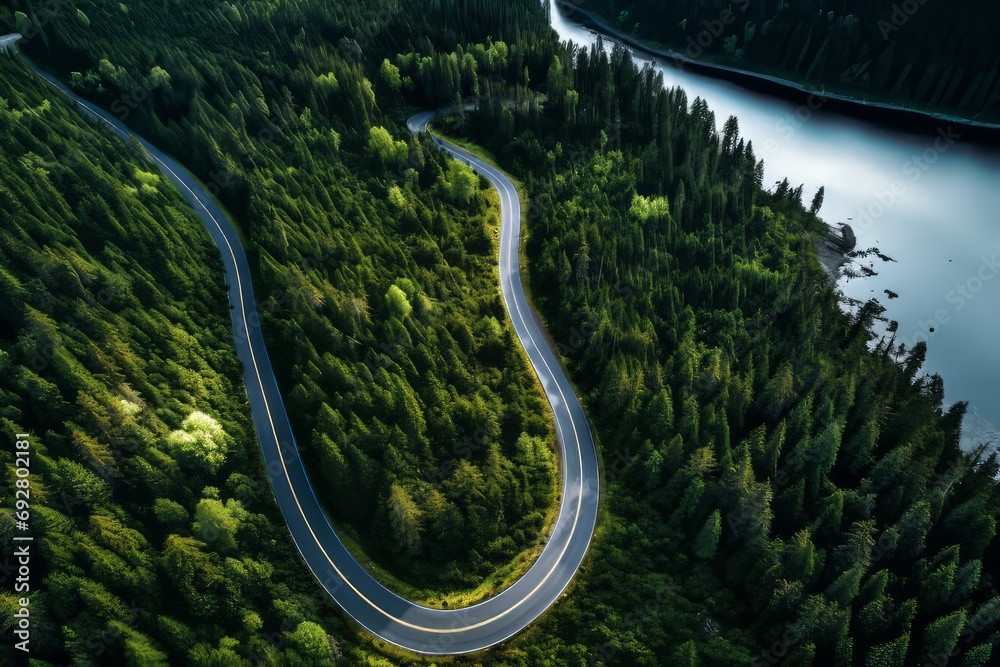 Aerial view of a road winding through a dense forest and running alongside a lake.