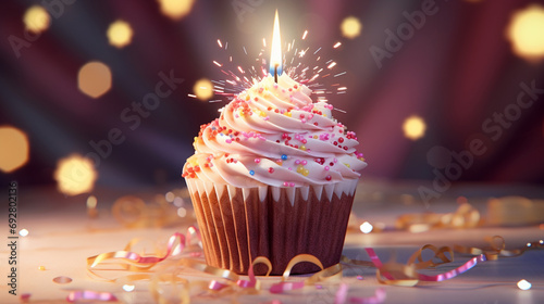 Festive birthday cupcake adorned with a glowing candle and a delightful gift box, creating a picture-perfect moment of celebration