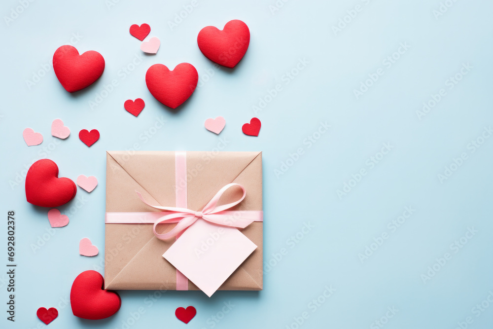 Valentine's Day themed flat lay with a gift, hearts, and a love letter on a pastel background. Valentine's Day themed flat lay with a gift, hearts, and a love letter on a pastel background.