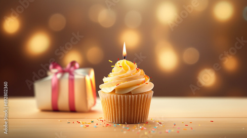 Joyous birthday cupcake with a flickering candle and a charmingly wrapped gift box, evoking the spirit of happiness and surprises
