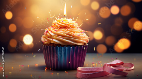 Joyous celebration captured in a birthday cupcake with a flickering candle and a beautifully wrapped gift box, promising happiness