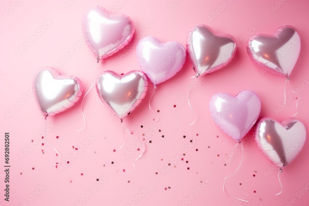 Assorted heart-shaped balloons in pink and silver with small paper hearts on a light pink background.